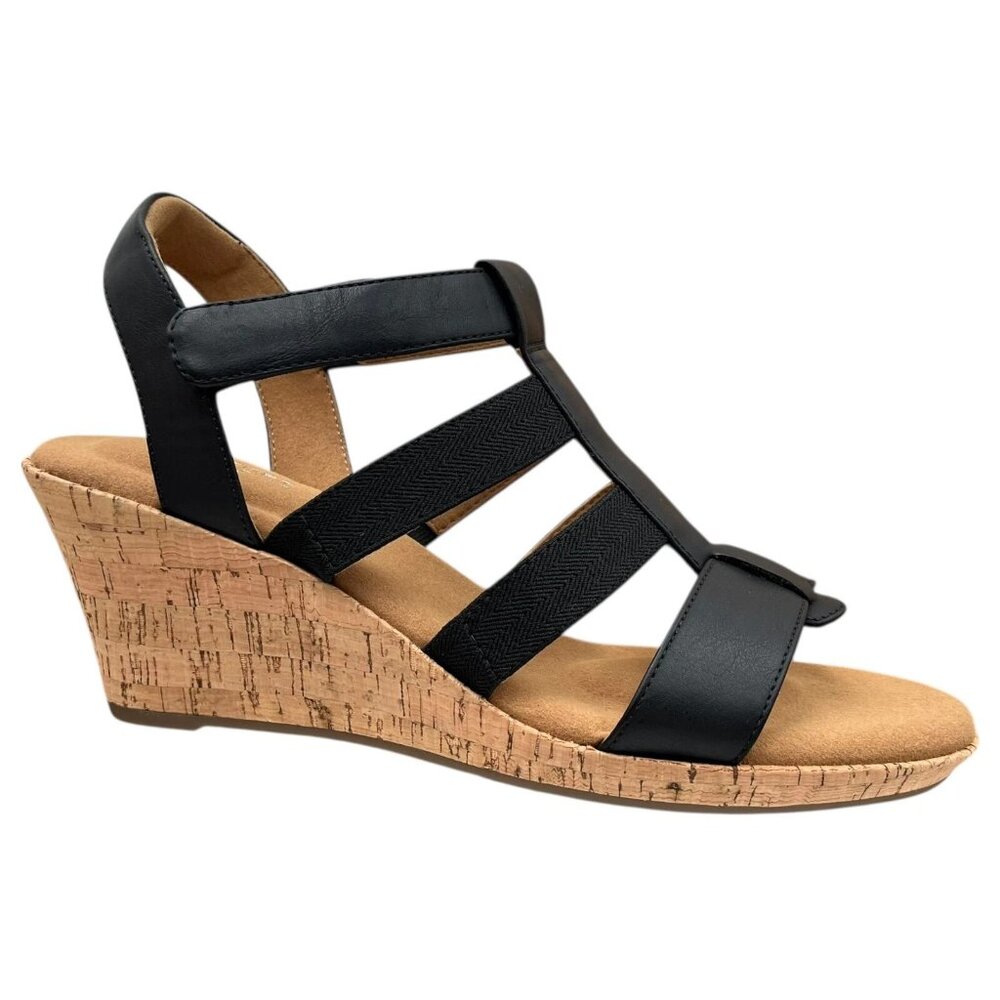 Rockport Women's Elastic Stretch Wedge Sandal Size 8.5-9 Black-Tan Faux Leather‎